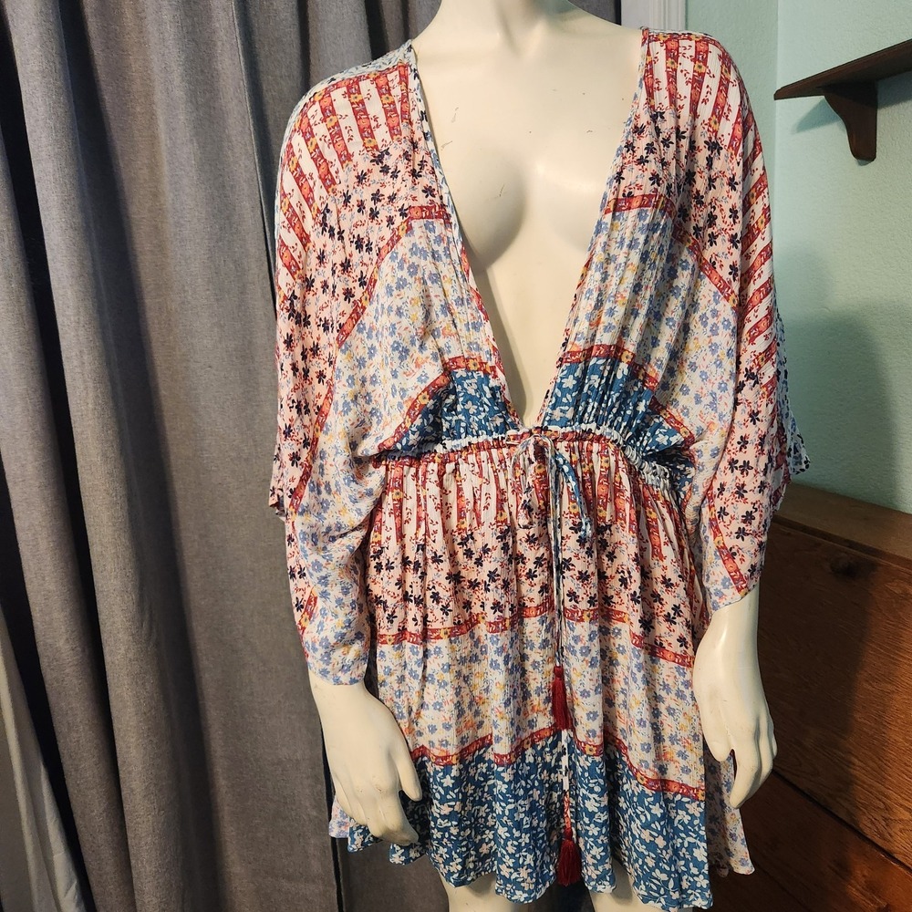 Hinge Anthropologie Tiered Deep Plunge Dress Kimono Sleeve Patchwork Floral OS